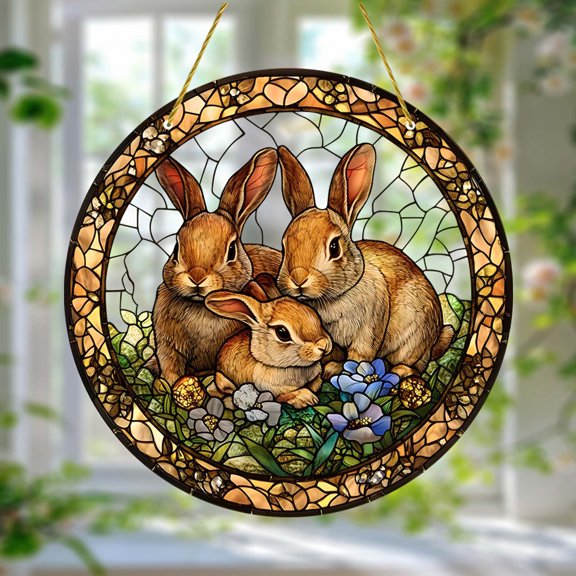 Easter Bunny Family Stained Glass Acrylic Suncatcher, Round Window Hanging Ornament for Spring, Home Decor & Holiday Gift Giving