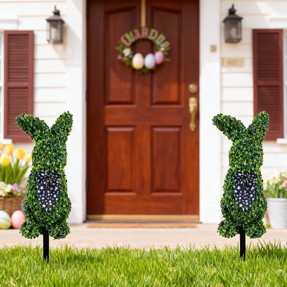 Easter Bunny Faux Boxwood Garden Stake With Bow Lifelike Rabbit Figure For Outdoor Yard Patio And Easter Centerpiece Decor(Dots Bow-70Cm)
