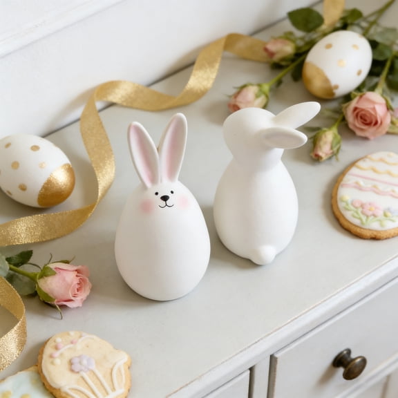 Easter Bunny Figurine - Cute Rabbit Decor With Blush, White Ceramic Design - For Easter Decorations, Home Shelf Accent, Spring Tabletop Display