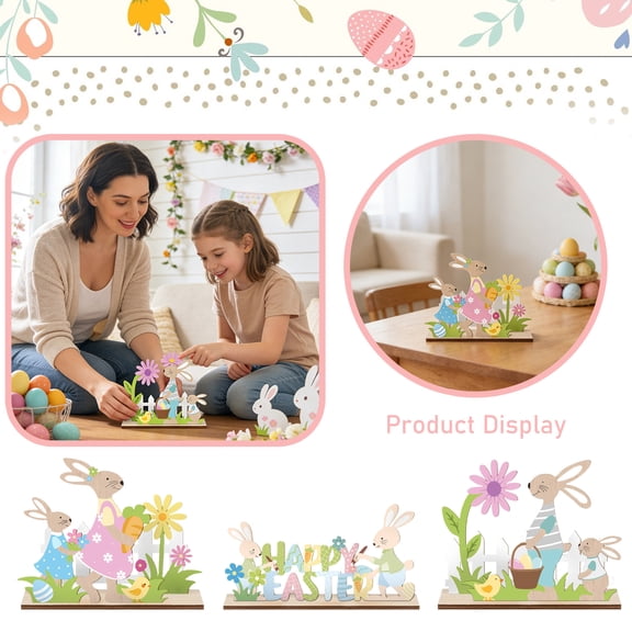 Easter Bunny Figurine Decor Set Of 3 Standing Rabbits Chick Flowers Decorations For Spring Home Office Tabletop Display