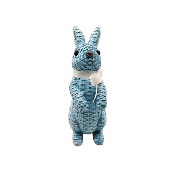 Easter Bunny Figurine – Decorative Resin Rabbit with Faux Woven Rattan Look & Bow – Elegant Spring Ornament for Tabletop, Fireplace, or Entryway Décor