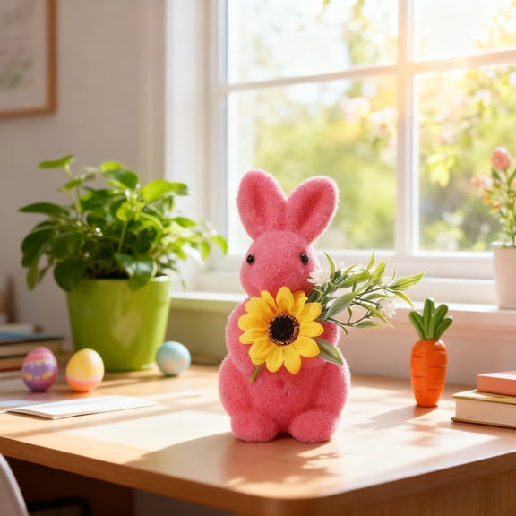Easter Bunny Figurine, Flocked Decorative Rabbit Statue, Realistic Standing Sculpture, Indoor Tabletop Decoration, 7 Inch Easter Home Ornament