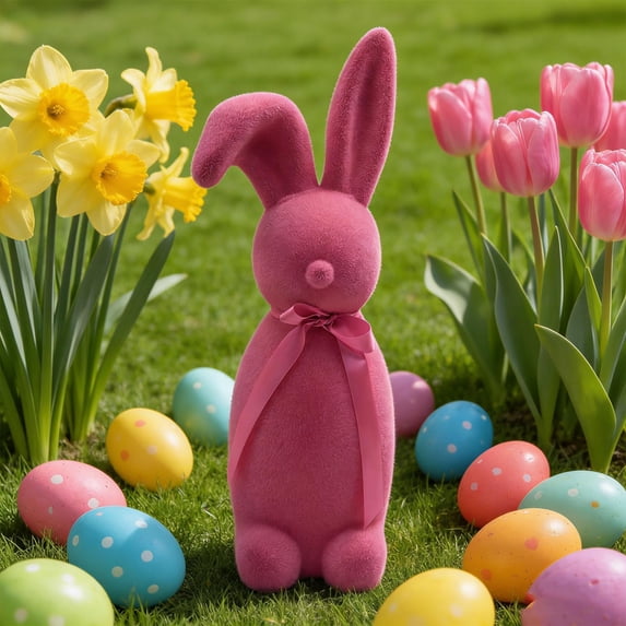Easter Bunny Figurine – Flocked Foam Bunny Ornament Pink 12.2" – Soft Velvet-Like Easter Decoration for Tabletop, Shelf, Mantel, Home or Party Display