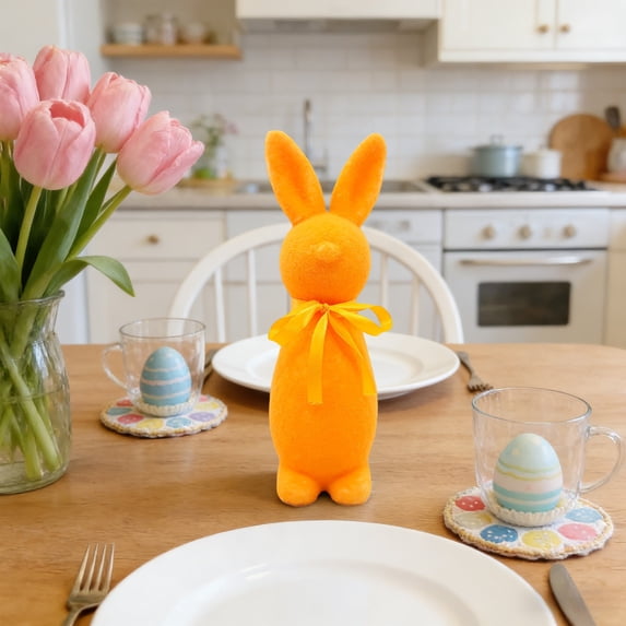 Easter Bunny Figurine Flocked Standing Bunny Decor with Bow Easter Table Decor Spring Home Decorations Holiday Centerpiece for Table Shelf Decor