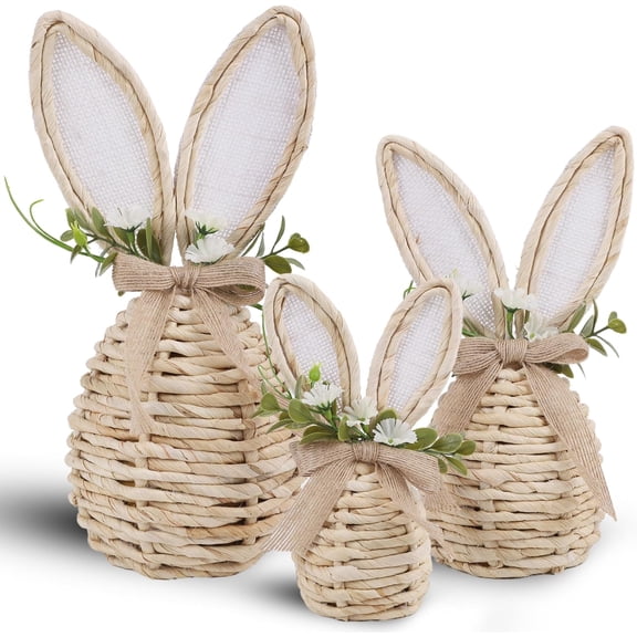 Easter Bunny Figurine Resin Rabbit Statue with Pink Ribbon, Easter Decorations Rustic Faux Woven Rattan Spring Tabletop Decor for Home Mantel Shelf, Small 1pc