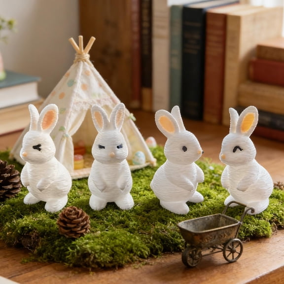 Easter Bunny Figurine Set of 12, Miniature Figurines, Cute White PLA Plastic Bunnies with 4 Unique Poses, Holiday Rural Decorative Rabbits for Home Office Table, Eco-Friendly Easter Decorations