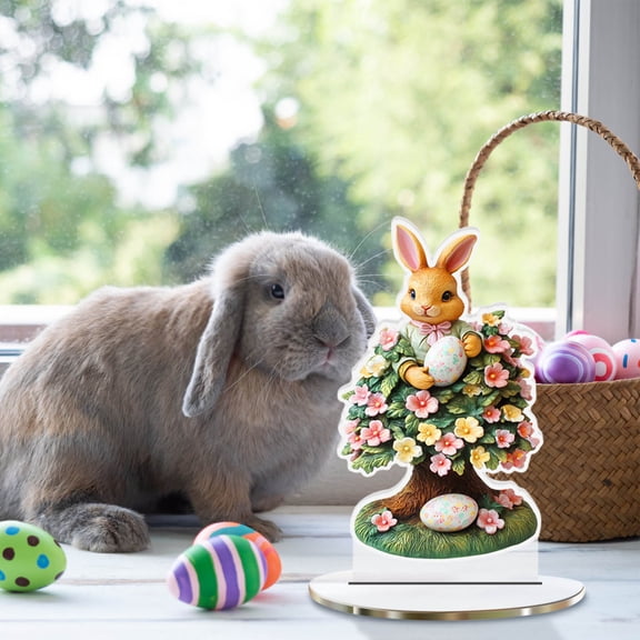 Easter Bunny Figurine with Eggs - Acrylic Easter Table Centerpiece Decor, Hand-Painted Spring Home Decoration for Tabletop, Shelf, or Mantel