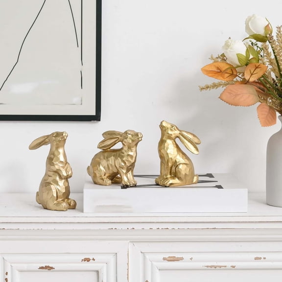 Easter Bunny Figurines, 3-Piece Small Vintage Resin Rabbit Statue Set, Easter Bunny Decor for Tabletop, Home Spring Decoration & Gift, Antique Silver Sculptures Decor