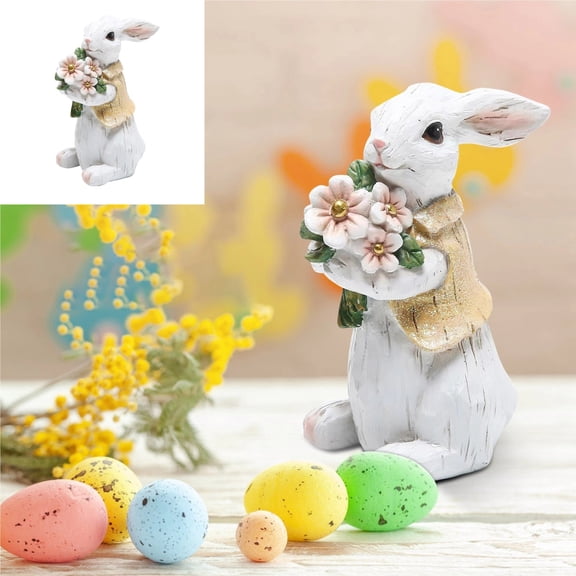 Easter Bunny Figurines Hand Painted, Resin Bunny Statues Weather Resistant,Rabbit Statue Decor Tabletop Ornament,A,1pcs