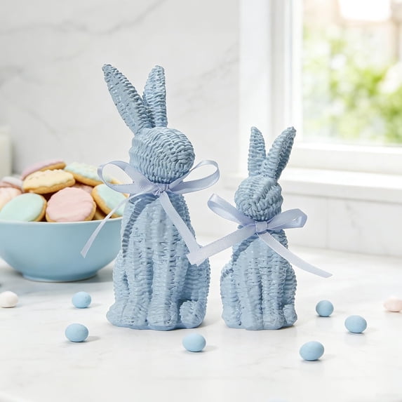 Easter Bunny Figurines Set of 2 (Large & Small) — Blue Resin Rabbit Statues with Rattan Effect, Spring Farmhouse Home Decor Centerpiece for Table, Indoor Easter Decorations
