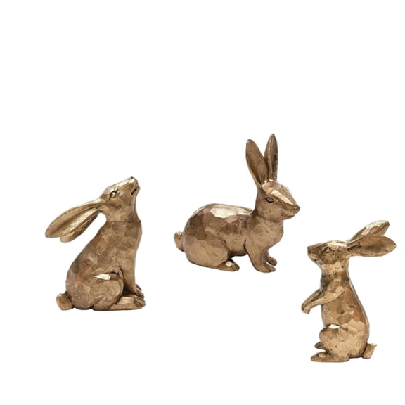 Easter Bunny Figurines Set of 3, Gold Hammered Resin Rabbit Statues, Vintage Metallic Bunny Sculptures for Spring Tabletop Mantel Shelf Home Decor Gift