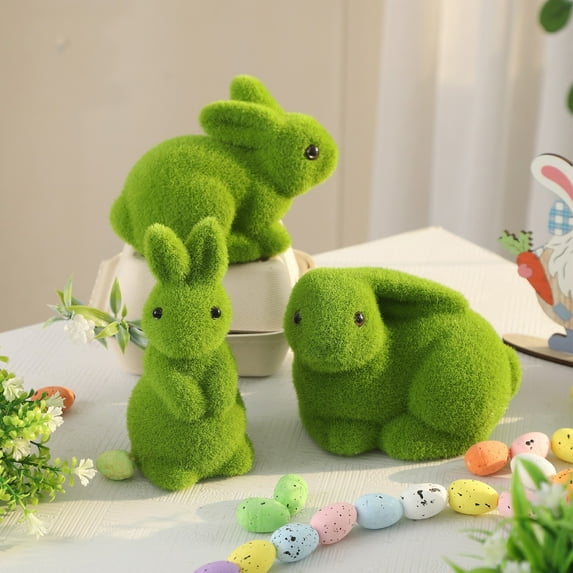 Easter Bunny Figurines Set, Green Textured Rabbit Ornaments in 3 Poses for Spring Tabletop Decor, Farmhouse Home Centerpieces
