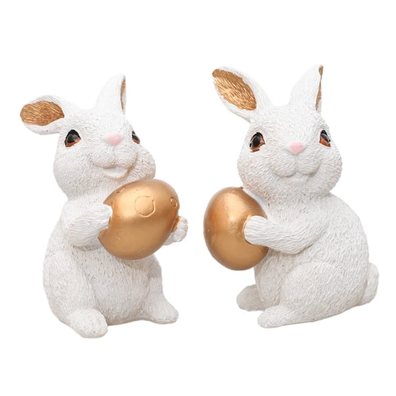 Easter Bunny Figurines Set of 2 Decorative White Rabbits with Golden Eggs for Home Decor and Holiday Gifts