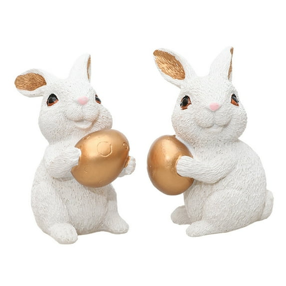 Easter Bunny Figurines Set of 2 Decorative White Rabbits with Golden Eggs for Home Decor and Holiday Gifts