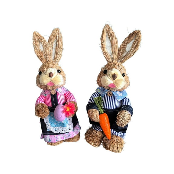 Easter Bunny Figurines Tabletop Ornament Set of 2, Handmade Straw Bunny with Carrot Figurine, Spring Party Garden Table Decor Centerpiece for Home Office Kitchen Farmhouse