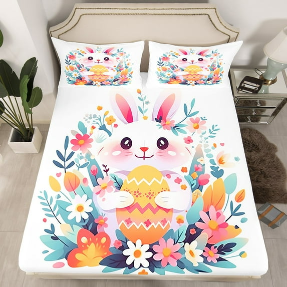 Easter Bunny Fitted Sheet Easter Gifts Cartoon Easter Eggs Bed Sheets Queen Easter Decorations Bedding Set, Cute Rabbit Colorful Floral Sheets with 2 Pillowcases