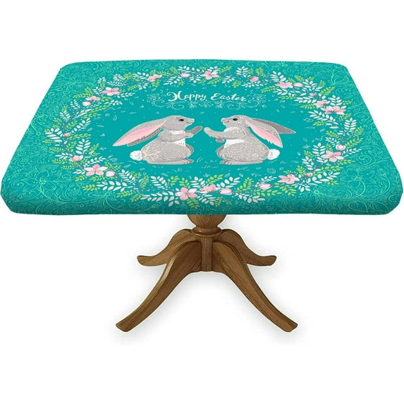 Easter Bunny Fitted Square Tablecloths, Happy Easter with Hare Rabbit Waterproof Wipe Clean Table Cloth, Great for Home Kitchen/Parties/Holiday Dinner Use, Fit 34'''' x 34''''Square Table, Green