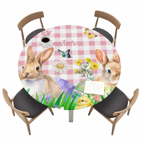 Easter Bunny Fitted Tablecloth with Elastic Edged, Round Table Cloth for Dining Table, Spring Easter Eggs Floral Pink Plaid Waterproof Oil Proof Table Cover for Indoor Outdoor 36"-44"