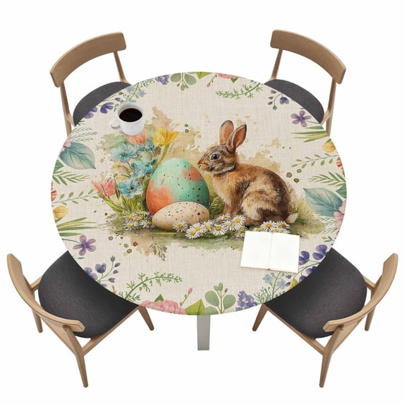Easter Bunny Fitted Tablecloth with Elastic Edged, Round Table Cloth for Dining Table, Spring Floral Blossom Easter Eggs Burlap Waterproof Oil Proof Table Cover for Indoor Outdoor 36"-44"