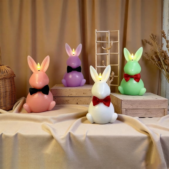 Easter Bunny Flameless Candles,Real Wax Carved LED Candle Battery Operated, Scented 4 Color Bunny Shape Easter Decorations Set for Home Living Room Bedroom Party Centerpiece Table Home Decor