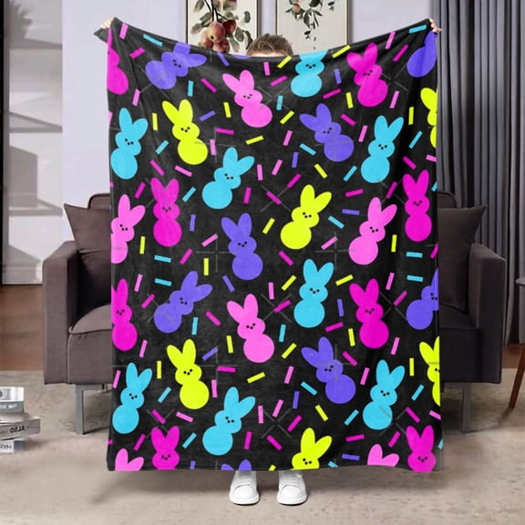 Easter Bunny Flannel Throw Blanket Soft Cozy Plush with Colorful Rabbit Print Fun Holiday Gift for Boys Girls Men Women Perfect for Sofa Bed Office Camping Travel Multiple Sizes Available