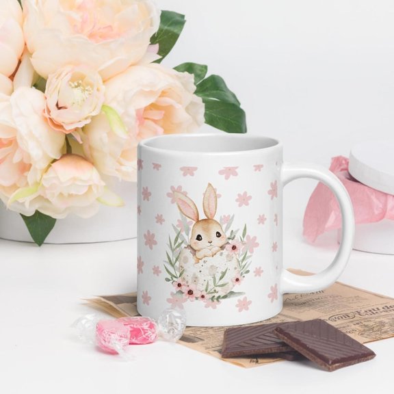 Easter Bunny Floral Ceramic Mug, D1ELIC1Ate Bunny Illustration, Spring Gift