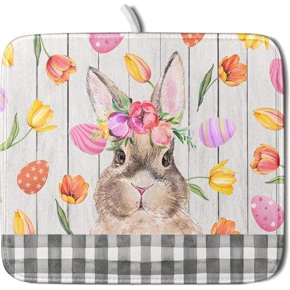 Easter Bunny Floral Dish Drying Mats for Countertops 18x16 Inches, Holiday Spring Rabbits Eggs Tulip Flower Absorbent Microfiber Dish Drying Pad Dishes Rack Mat for Kitchen Counter
