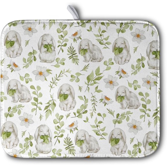 Easter Bunny Floral Drying Mat for Kitchen Counter Spring Easter Rabbits Green Leaves Dry Dish Mat Absorbent Microfiber Dish Draining Washable Dish Drainer Rack Mat 16x18 Inch