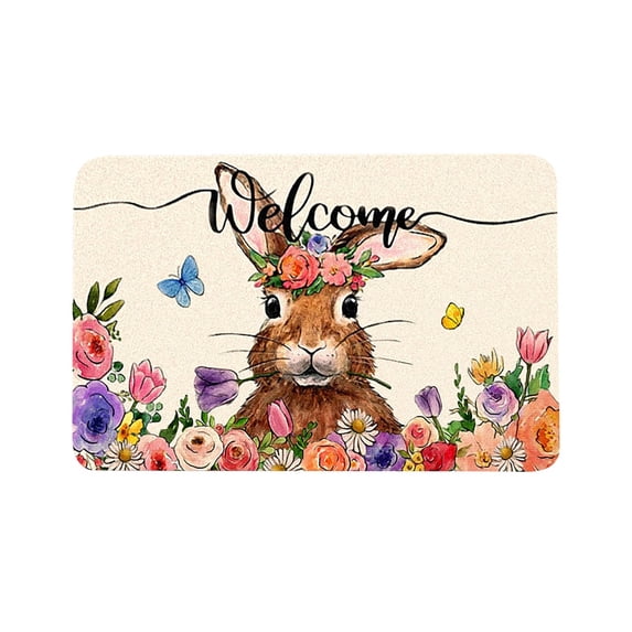 Easter Bunny Floral Egg Door Mat, Bunny Rabbit Flower Welcome Front Door Mat Indoor Outdoor Entrance, Easter Door Mats Rugs for Porch Entryway Decor