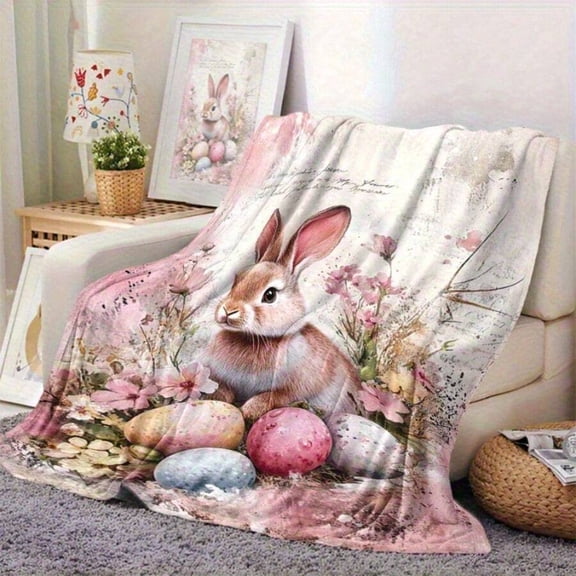 Easter Bunny Floral Eggs Flannel Blanket - Soft Quilted Throw Pastel Spring Colors Pink Green - Lightweight Cozy All Season Home Camping Easter Decor Gift