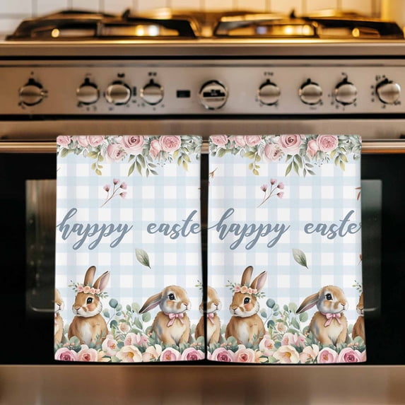 Easter Bunny Floral Kitchen Towels Set of 2, Spring Flowers Checkered Watercolor Absorbent Dish Towels for Kitchen, Microfiber Hand Towel, Quick Drying Tea Towel for Cleaning Decorative Dishcloths
