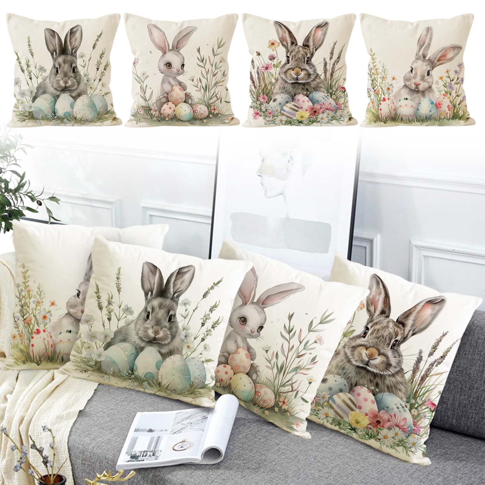 Easter Bunny Floral Pillow Cover Festive Flower Rabbit Border Cushion ...