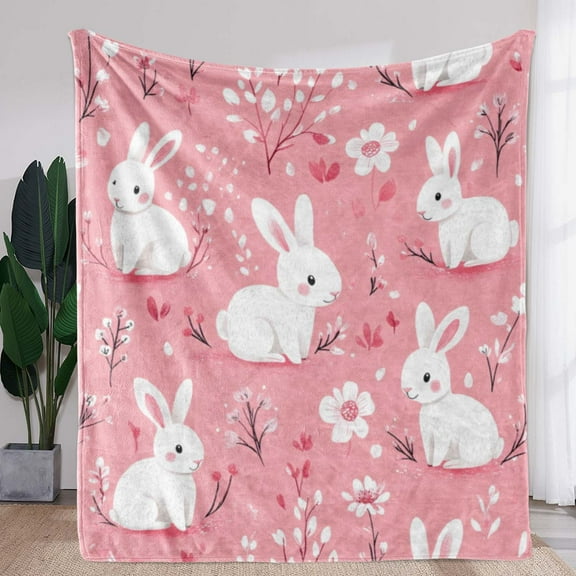 Easter Bunny Floral Print Blanket Soft Flannel Cozy Throw with Vintage Rabbit & Cherry Blossom Design All-Season Lightweight Blanket for Sofa Bed Car Camping Office