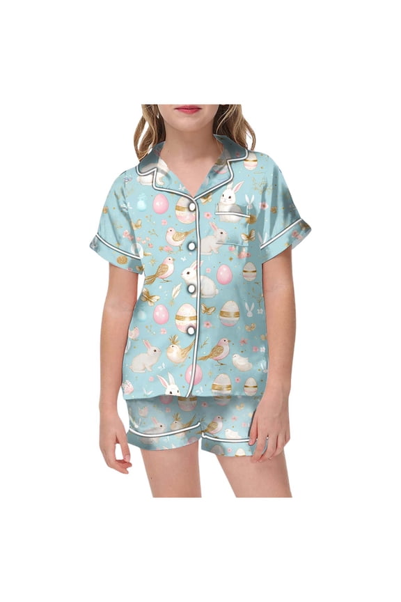 Easter Bunny Floral Print Kids Short Sleeve Pajama Set With Shorts For Boys And Girls