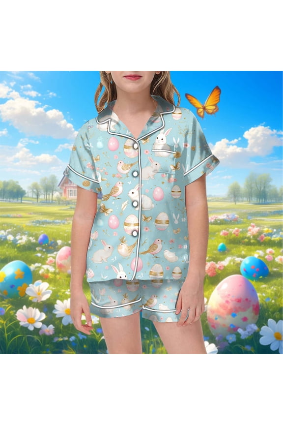 Easter Bunny Floral Print Kids Short Sleeve Pajama Set With Shorts For Boys And Girls