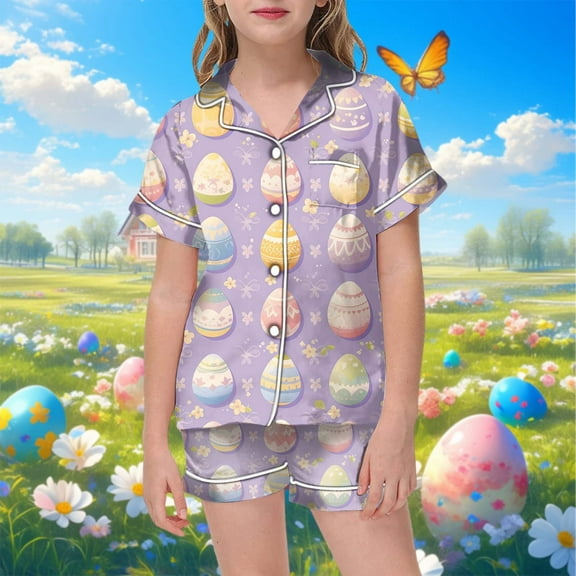 Easter Bunny Floral Print Kids Short Sleeve Pajama Set with Shorts for Boys and Girls Easter Outfits Baby Girl 6-7 Years