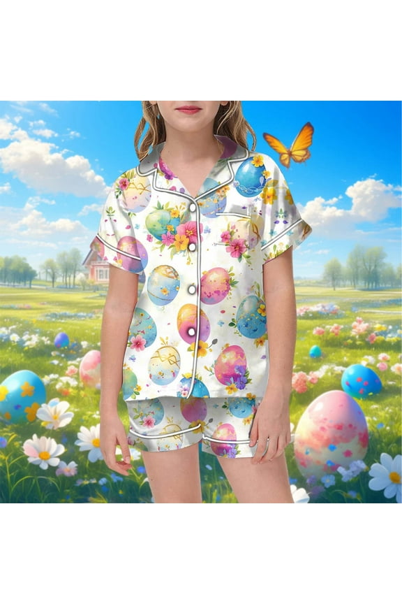 Easter Bunny Floral Print Kids Short Sleeve Pajama Set with Shorts for Boys and Girls Easter Outfits Toddler Girls 12-13 Years