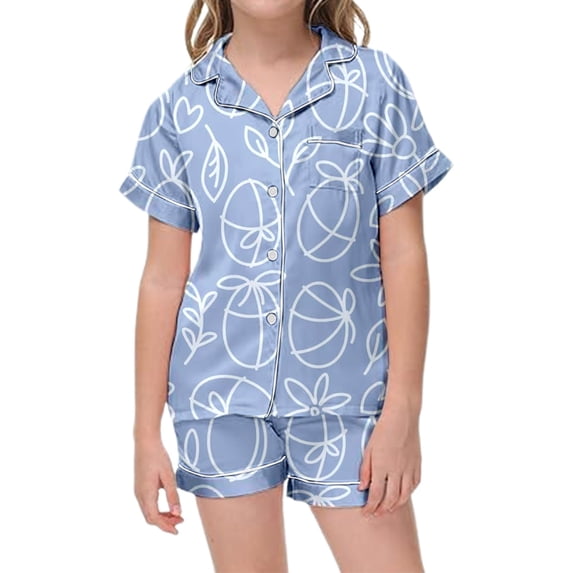 Easter Bunny Floral Print Short Sleeve Shorts Printed Pajama Set Sky Blue 8Y-9Y