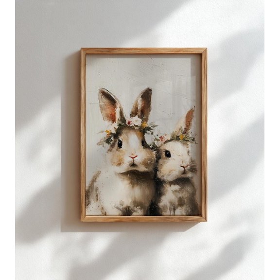 Easter Bunny Floral Rabbits Oil Painting Neutral Spring Nursery Poster , Poster Print Only
