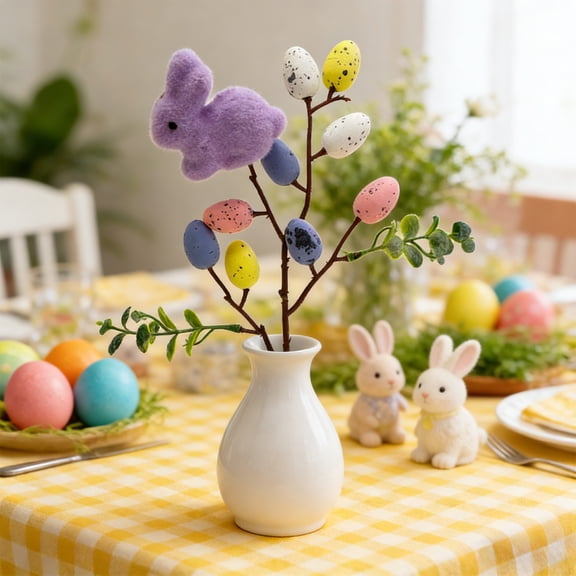 Easter Bunny Floral Sprigs - Artificial Leaves & Egg Accents Decorative Picks, Cute Spring Holiday Decor for Home Garden & Party Table Centerpieces, Durable Indoor Outdoor Easter Decoration, 1pc