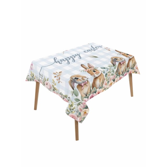 Easter Bunny Floral Table Cloth, Waterproof Tablecloth for Rectangle Tables, Spring Flowers Checkered Watercolor Reusable Washable Fabric Table Cover for Restaurant Kitchen Dining Tables 52"x70"