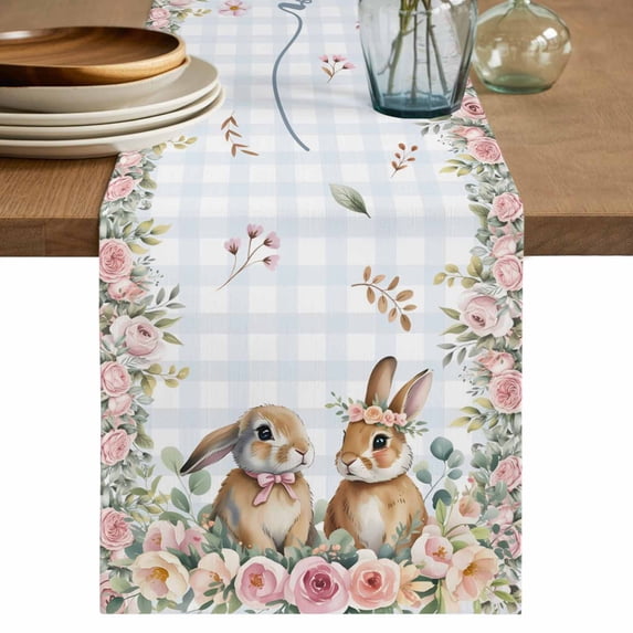 Easter Bunny Floral Table Runner, Spring Flowers Checkered Watercolor Washable Cotton Linen Table Runners 60 Inches Long, Dresser Scarf Runner for Coffee/TV Stands/Kitchen/Cabinets 13''x60''
