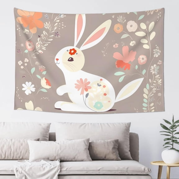 Easter Bunny Floral Tapestry 60x40 Inch Wall Hanging Tapestries Aesthetic Wall Carpet Wall Art for Living Room Bedroom Poster Backdrop Banner for Home Decorations