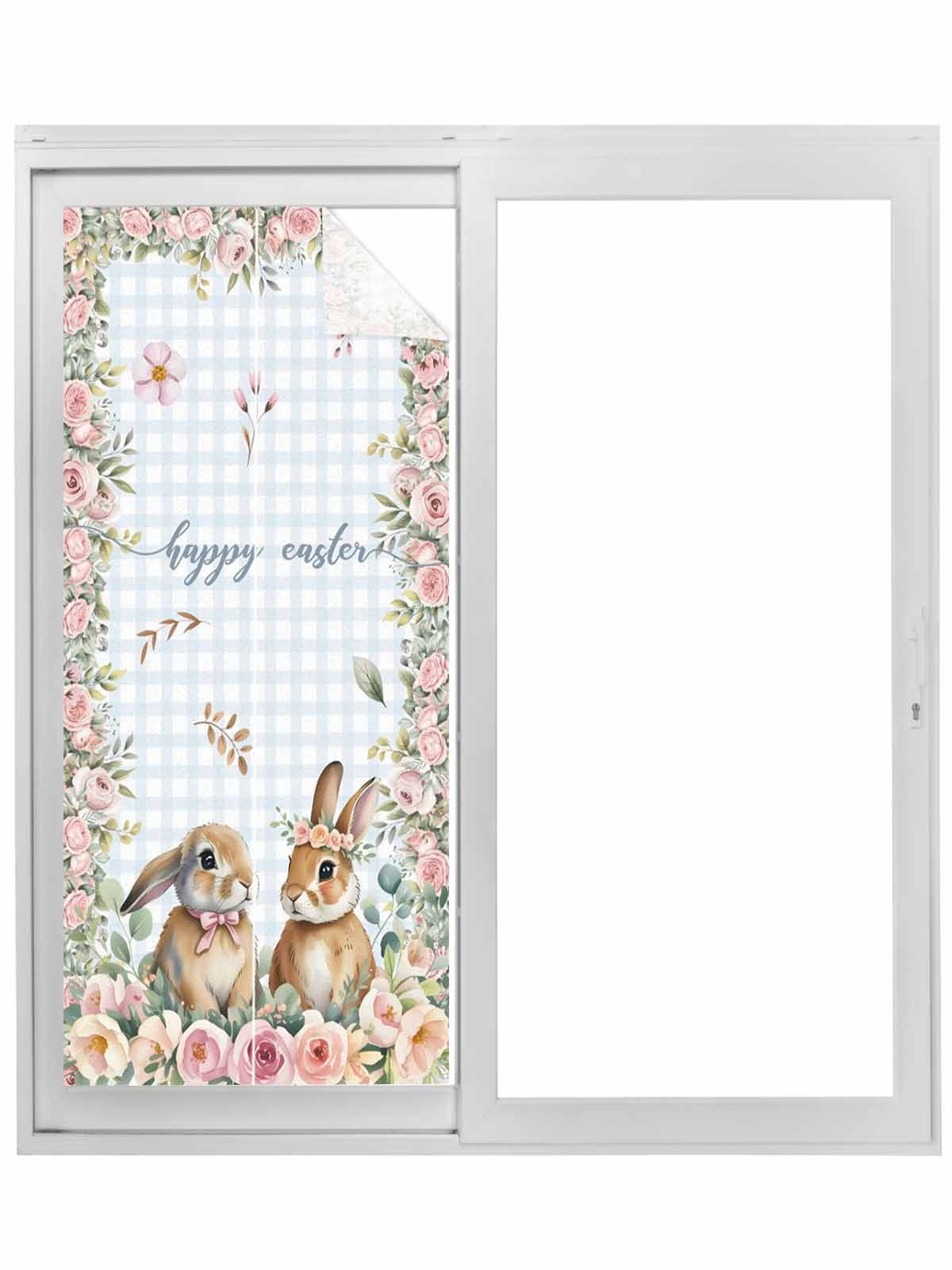 Easter Bunny Floral Window Privacy Film, Spring Flowers Checkered ...