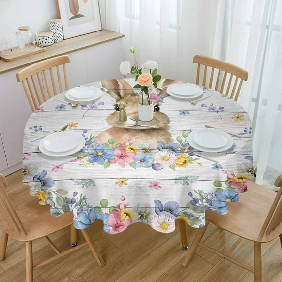 Easter Bunny Floral Wood Grain Round Table Cloth Waterproof Wedding Holiday Tablecloth Coffee Table Decor Table Cover