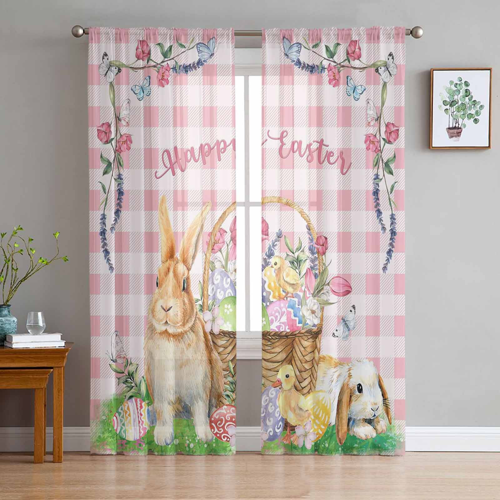 Easter Bunny Flower Butterfly Watercolor Rabbit Tulle Curtains for ...