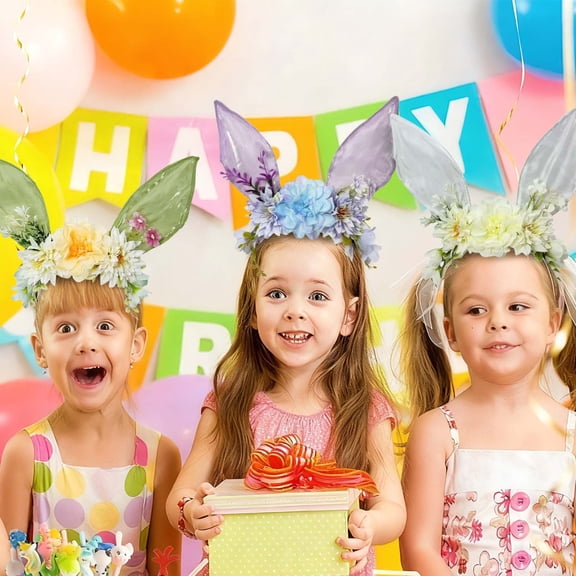 Easter Bunny Flower Ear Headband, Handcrafted Soft Fabric Ears for Kids & Adults, Spring Party 1pcs
