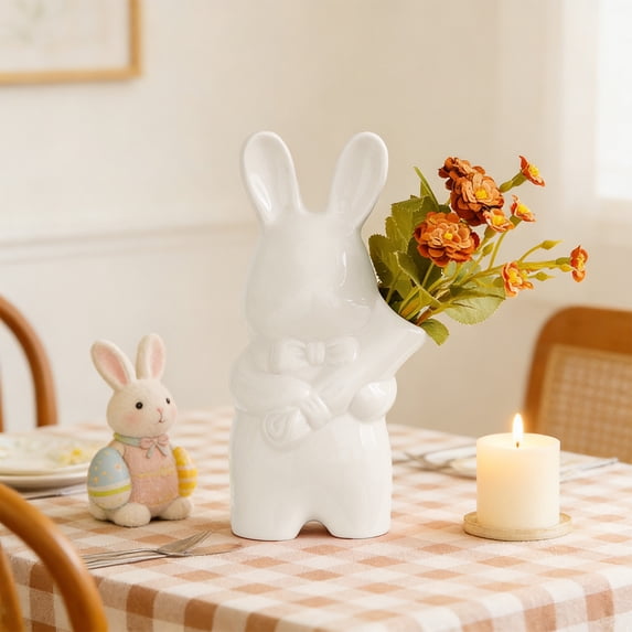 Easter Bunny Flower Vase Decor, Simple Ceramic Rabbit Handheld Vase, Cute Animal Art Piece for Home Shelf Table