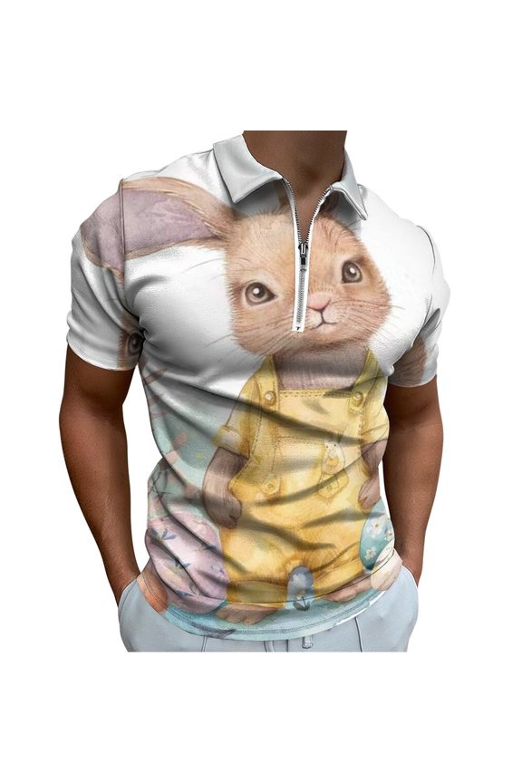 Easter Bunny Flowers Eggs Men Zipper T-shirt Summer Casual Short Sleeve T-shirt Top