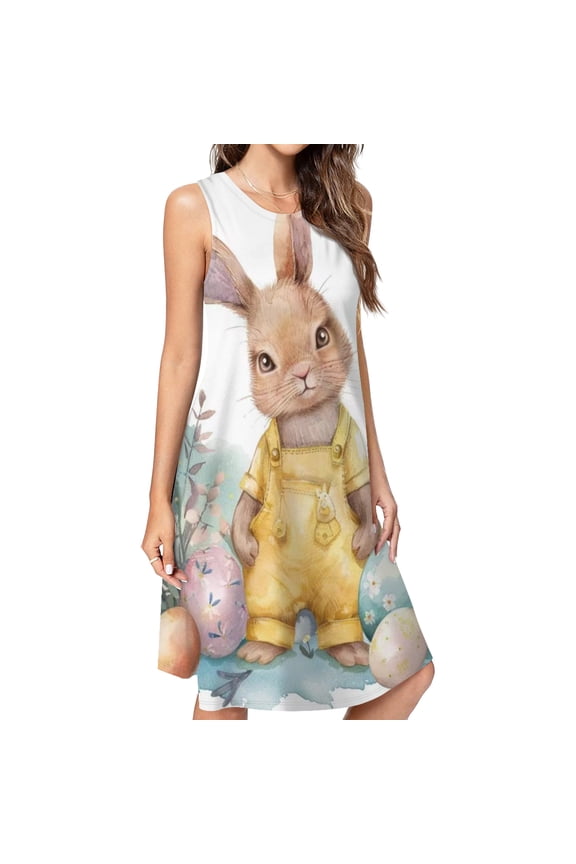 Easter Bunny Flowers Eggs Spring Summer Dresses For Women Fashion Dress Casual Sleeveless Loose Sundress With Pockets